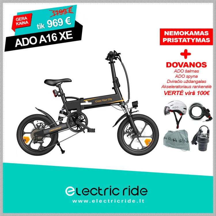 ADO A16 XE elektrinis dviratis sulankstomas juodas