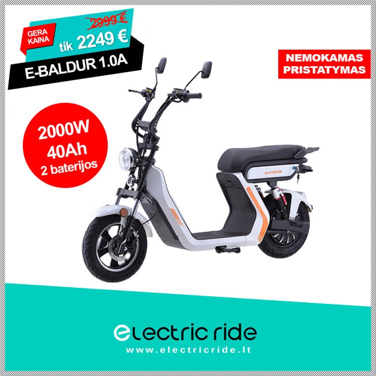 Elektrinis motoroleris E-baldur 1.0A 2000W 2x20Ah balta sp.